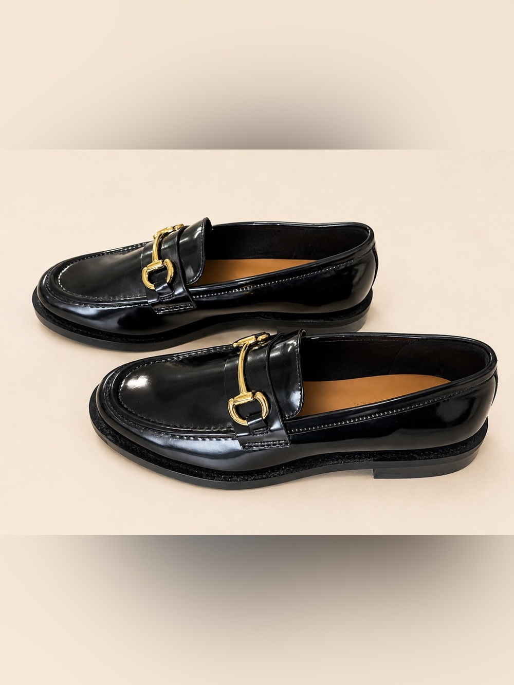 Women’s Black Leather Bit Loafers with Gold Hardware